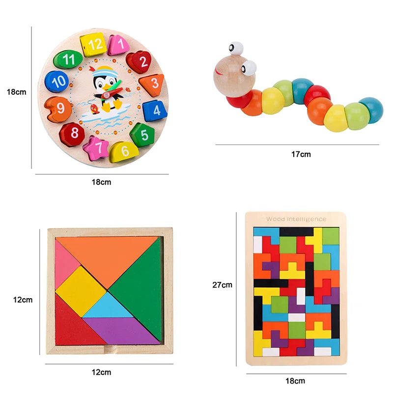 Wooden sensory blocks and music rattle set featuring numbered wooden shapes in various colors