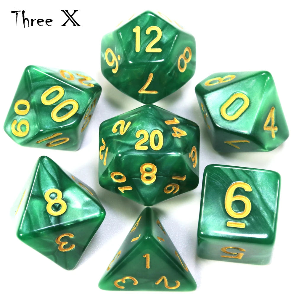 A set of green polyhedral dice including a dodecahedron, tetrahedron, and other shapes for tabletop gaming.