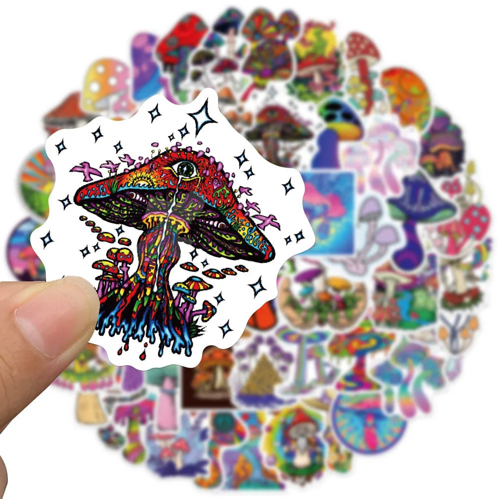 A collection of colorful psychedelic mushroom vinyl stickers arranged in a circular pattern.