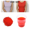 Before and after comparison of a fabric dye, showing a purple garment changing to a red garment and the resulting liquid colo