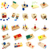 A collection of wooden Montessori sensory toys including stacking blocks, puzzles, and manipulative shapes for toddlers.