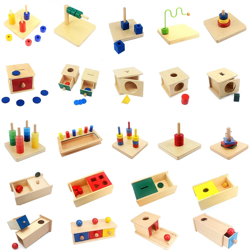 A collection of wooden Montessori sensory toys including stacking blocks, puzzles, and manipulative shapes for toddlers.