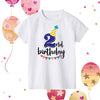 A white kids birthday number t-shirt featuring the text 2nd birthday and colorful confetti decorations.