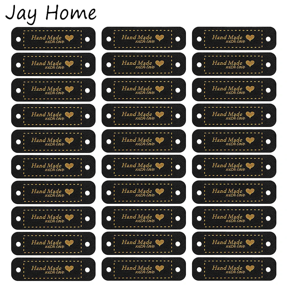 Handmade PU Leather Sew-On Labels with Love Heart Design (Set of 30)