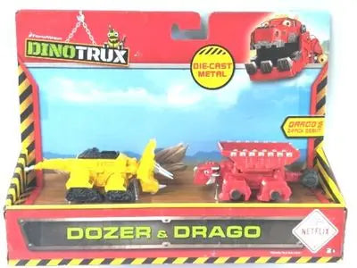 A Dinotrux Dozer & Drago die-cast metal toy car set featuring a yellow dozer and a red drago dinosaur figure.