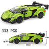 A lime green classic rally car building block set with a black roof and detailed features.