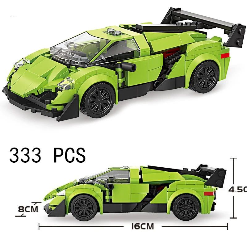 A lime green classic rally car building block set with a black roof and detailed features.