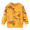 A yellow kids dinosaur print pullover sweatshirt featuring various dinosaur illustrations.