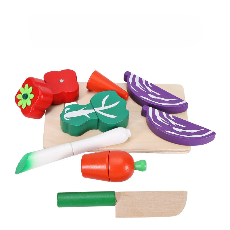 Wooden magnetic fruit and vegetable cutting play set with various colored shapes and a wooden knife.