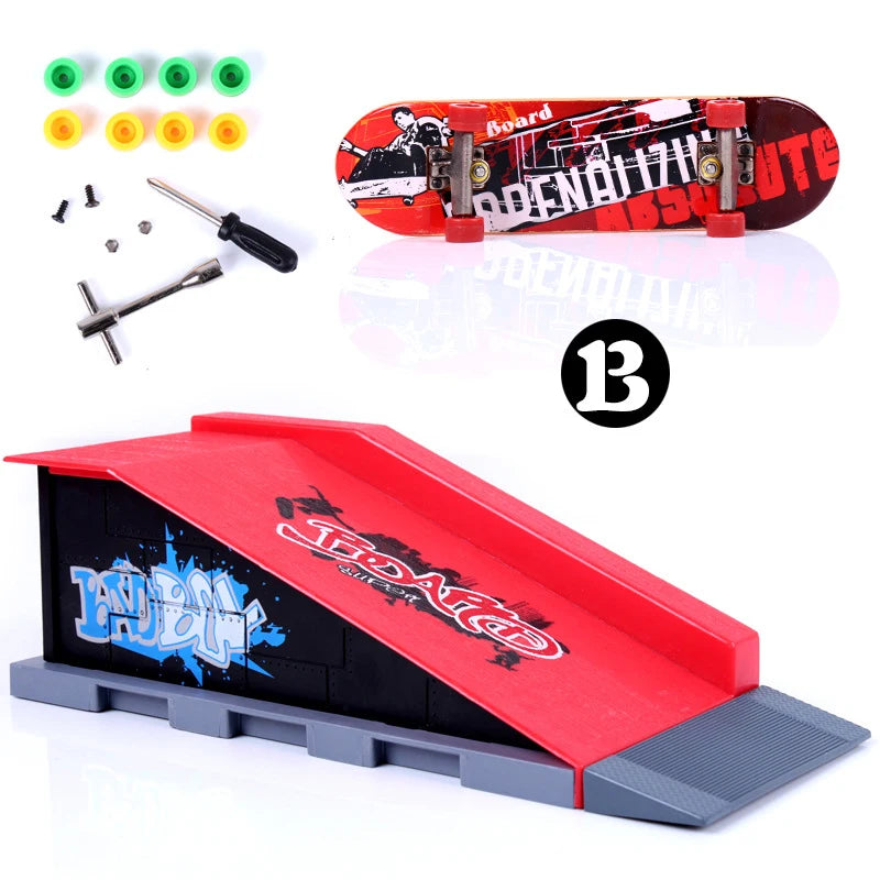 A finger skateboard park set featuring a red ramp and an attached skateboard board with hardware components.