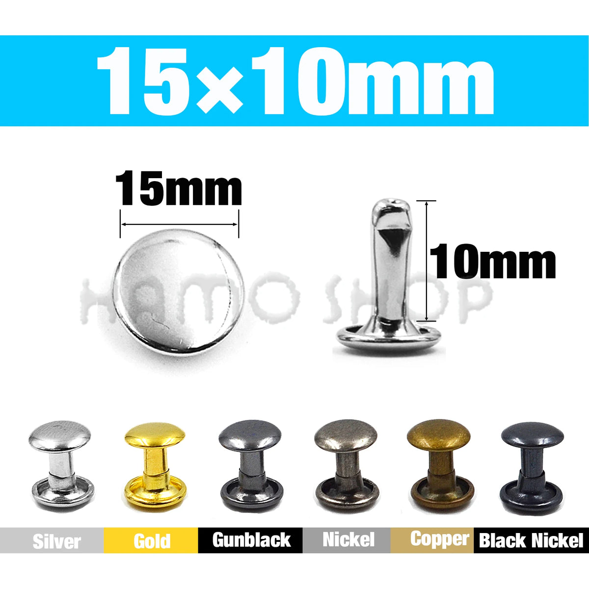 A set of metal double cap rivets in various finishes including silver, gold, gunblack, nickel, copper, and black nickel.