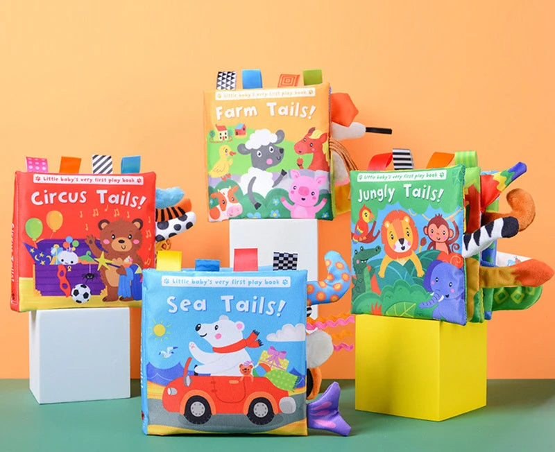 A colorful set of soft animal tails cloth books for baby sensory development featuring farm, circus, and jungle themes.
