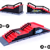 Finger skateboard park set featuring black and red ramps and a skateboard board