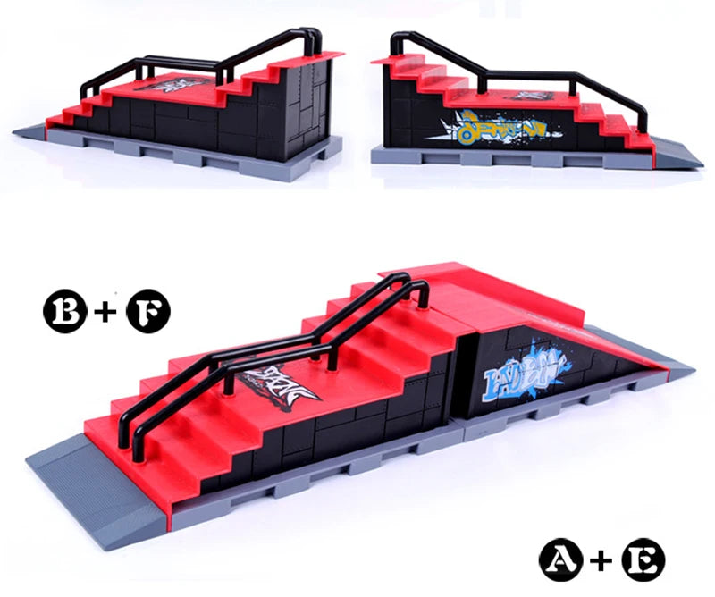 Finger skateboard park set featuring black and red ramps and a skateboard board
