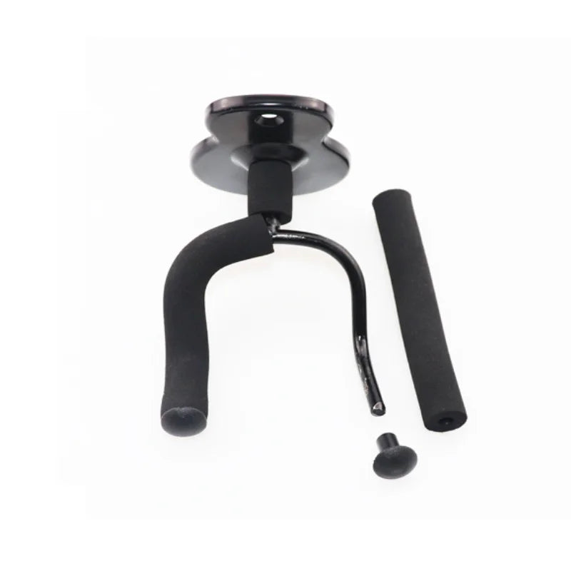 Black wall-mounted guitar hanger with adjustable arms and a hanging rod.