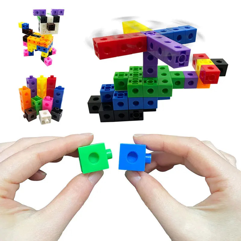 A collection of colorful plastic link cubes in various colors and sizes, shown next to human hands.