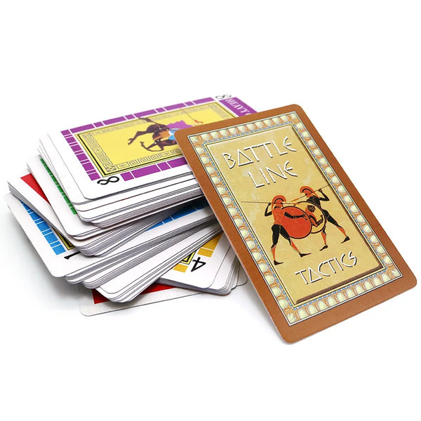 A stack of Battle Line ancient war strategy cards with a prominent card featuring a warrior and the text BATTLE LINE TACTICS