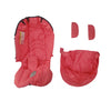 A pink stroller accessory kit featuring a mosquito net, rain cover, and other items.