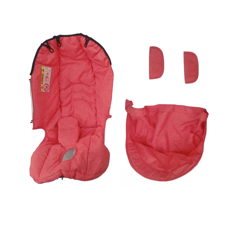 A pink stroller accessory kit featuring a mosquito net, rain cover, and other items.