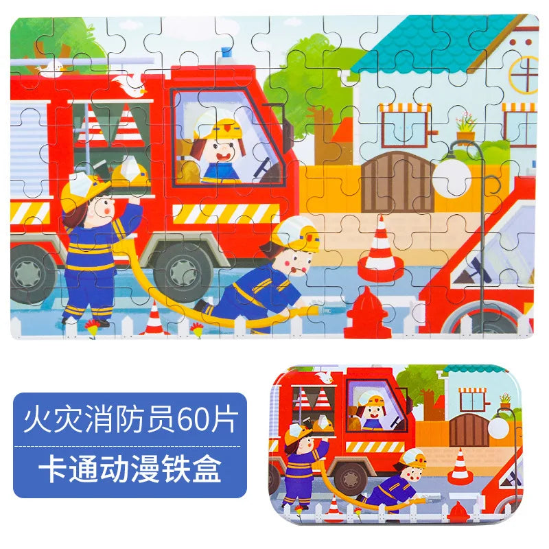 Wooden Jigsaw Puzzle Set for Kids - 60 Pieces of Cartoon Vehicles & Animals
