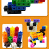A collection of colorful plastic link cubes in various colors and sizes stacked and arranged for building and counting.
