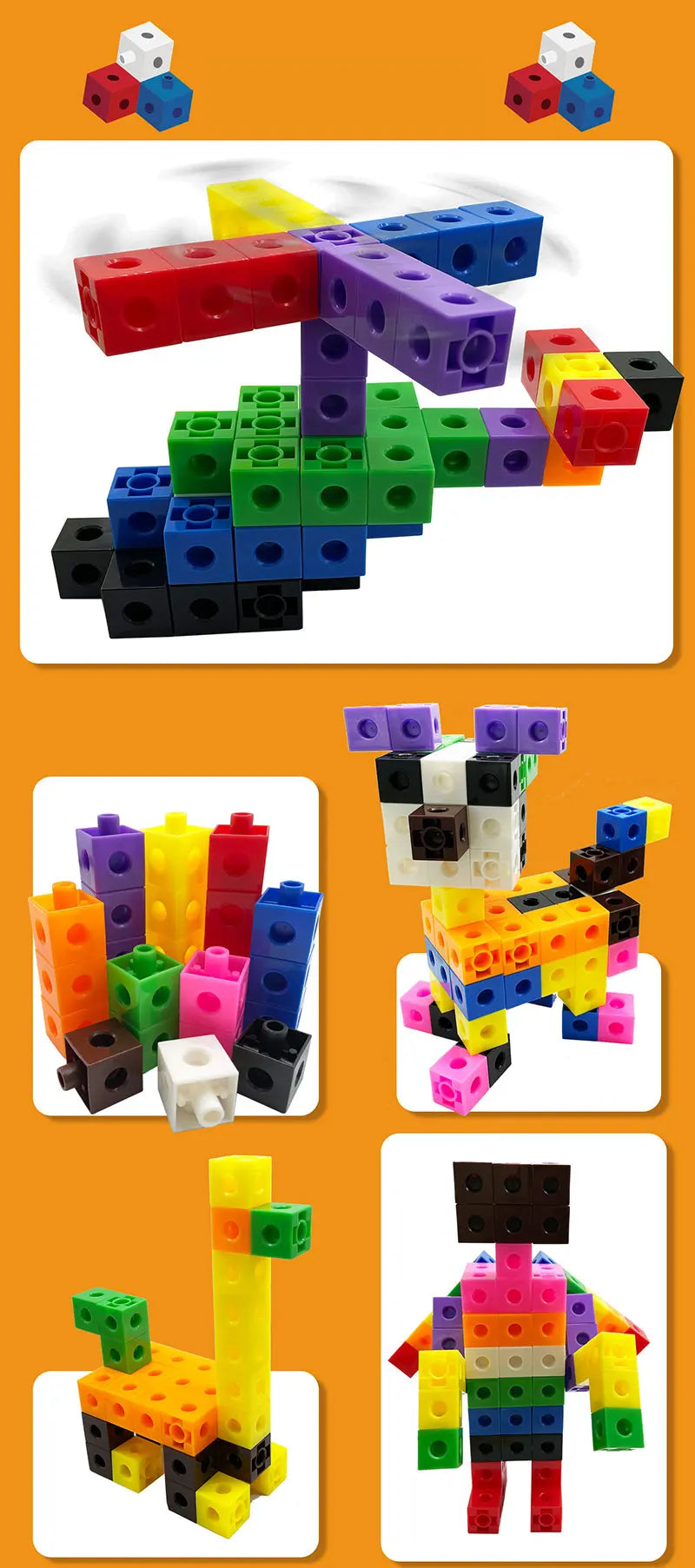 A collection of colorful plastic link cubes in various colors and sizes stacked and arranged for building and counting.