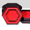 A black hexagon-shaped dice tray and storage box with a red velvet interior shown in multiple views.