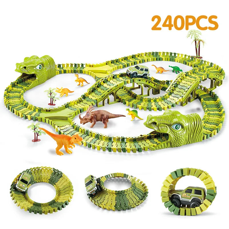 A set of 240 plastic dinosaur LED flexi-track racing cars and track pieces for a toy set.