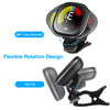 A black rechargeable clip-on tuner with a digital display and flexible rotation design.