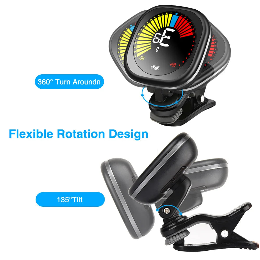 A black rechargeable clip-on tuner with a digital display and flexible rotation design.