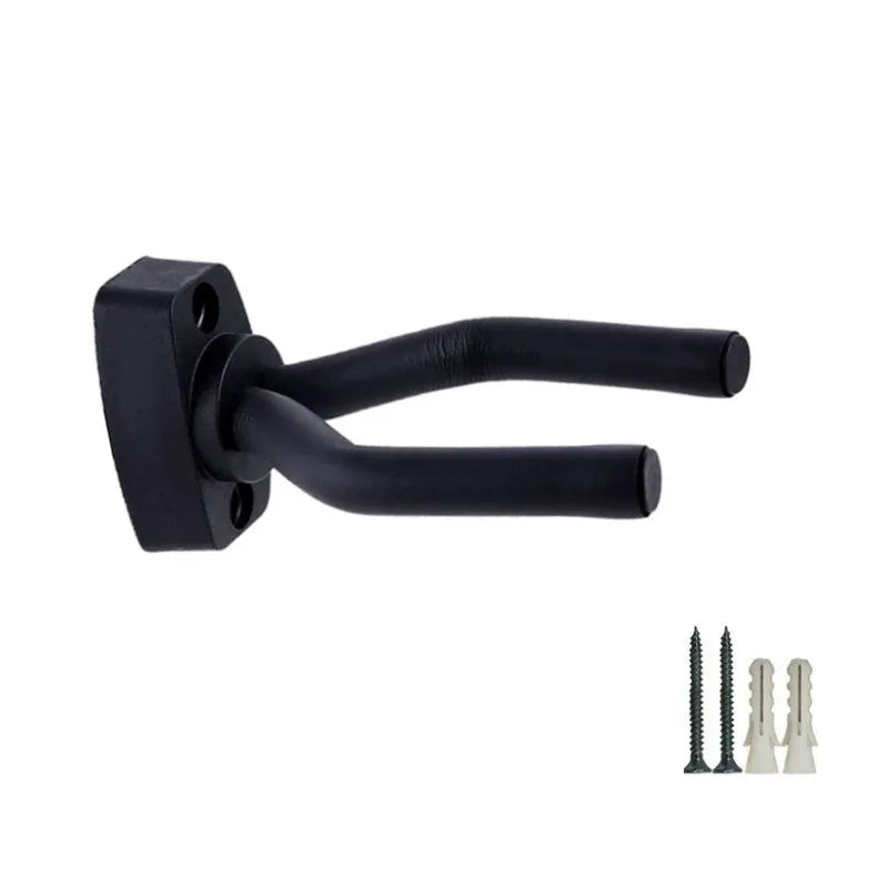 Black wall-mounted guitar hanger with adjustable arms.