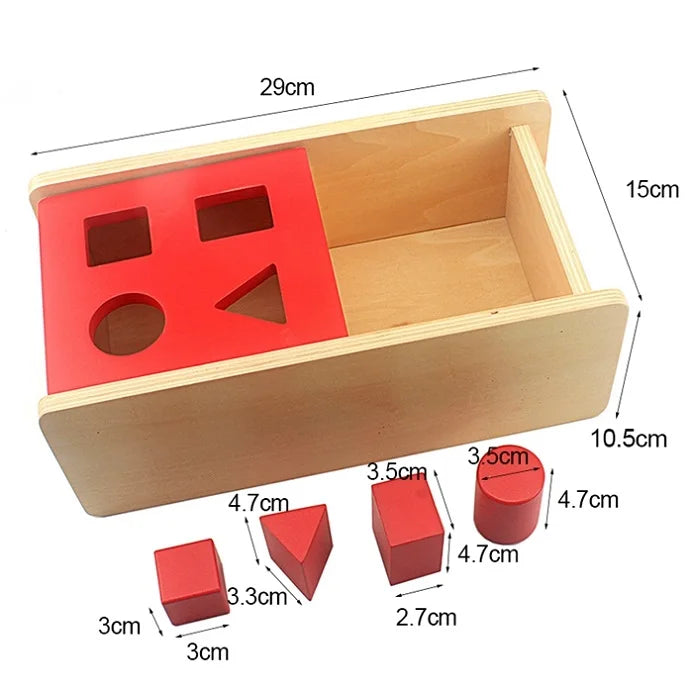 A wooden Montessori sensory toy set featuring a red tray with various shaped wooden blocks and a wooden box.