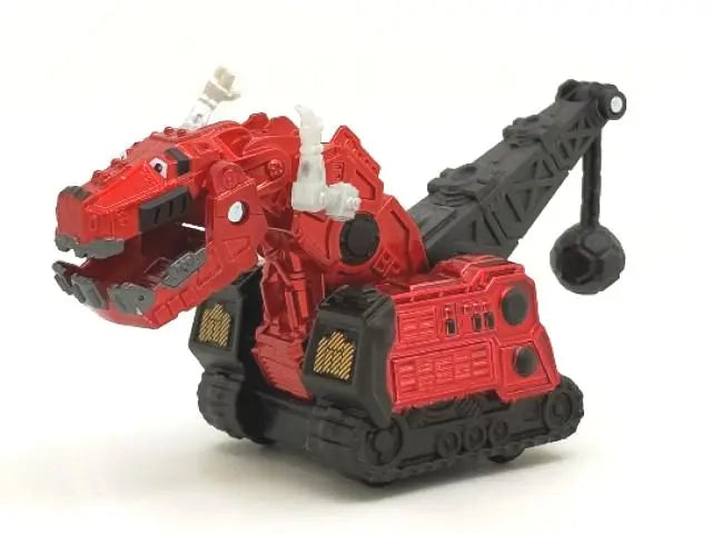 A red and black die-cast dinosaur truck toy with a removable dinosaur figure.