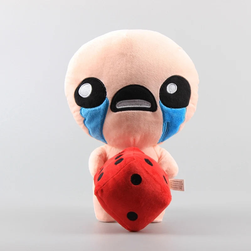A cute plush toy resembling a stylized, round face with large eyes and blue accents.