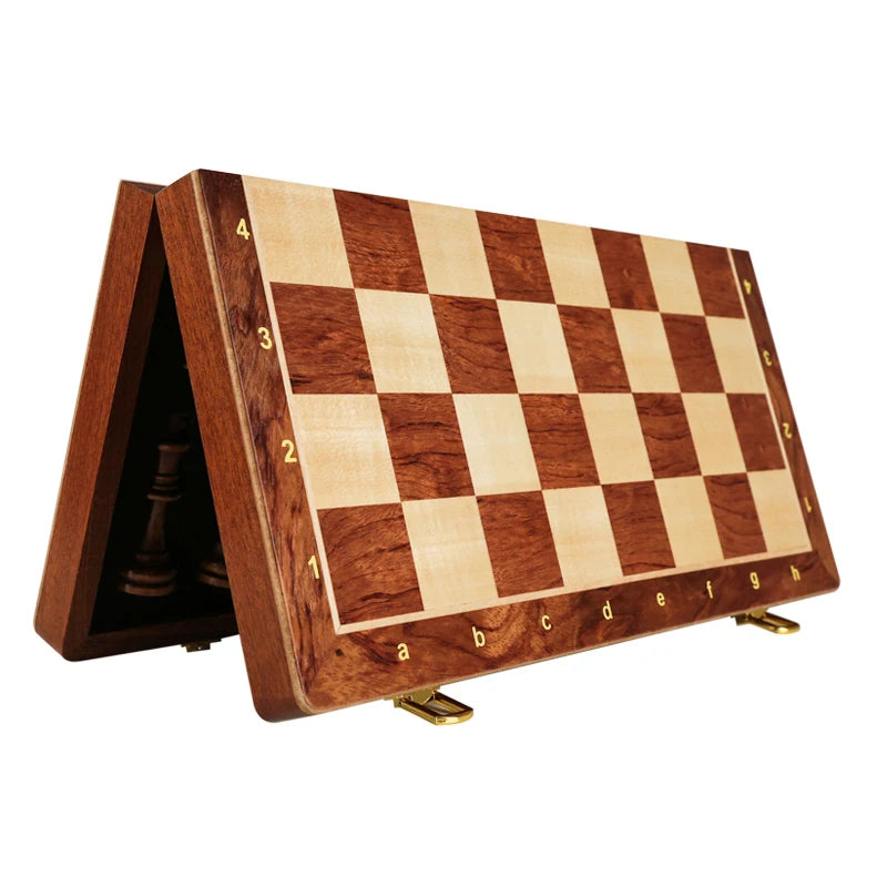 Handcrafted wooden folding chess set with solid walnut pieces featuring a checkered board.