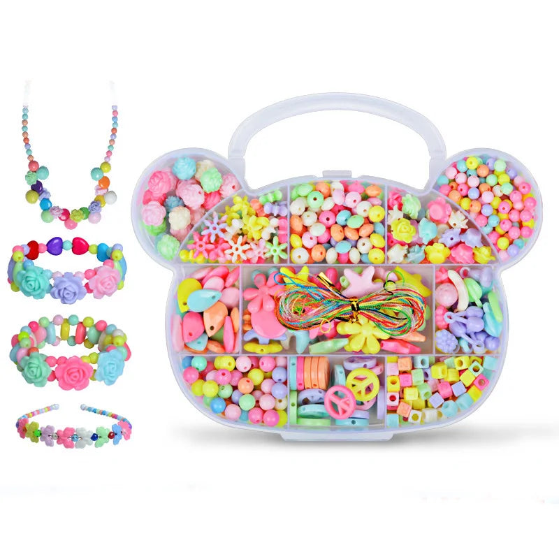 A clear plastic container filled with assorted colorful acrylic beads for making bracelets and jewelry.