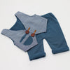 A navy blue newborn photography outfit set featuring a plaid vest and matching pants.