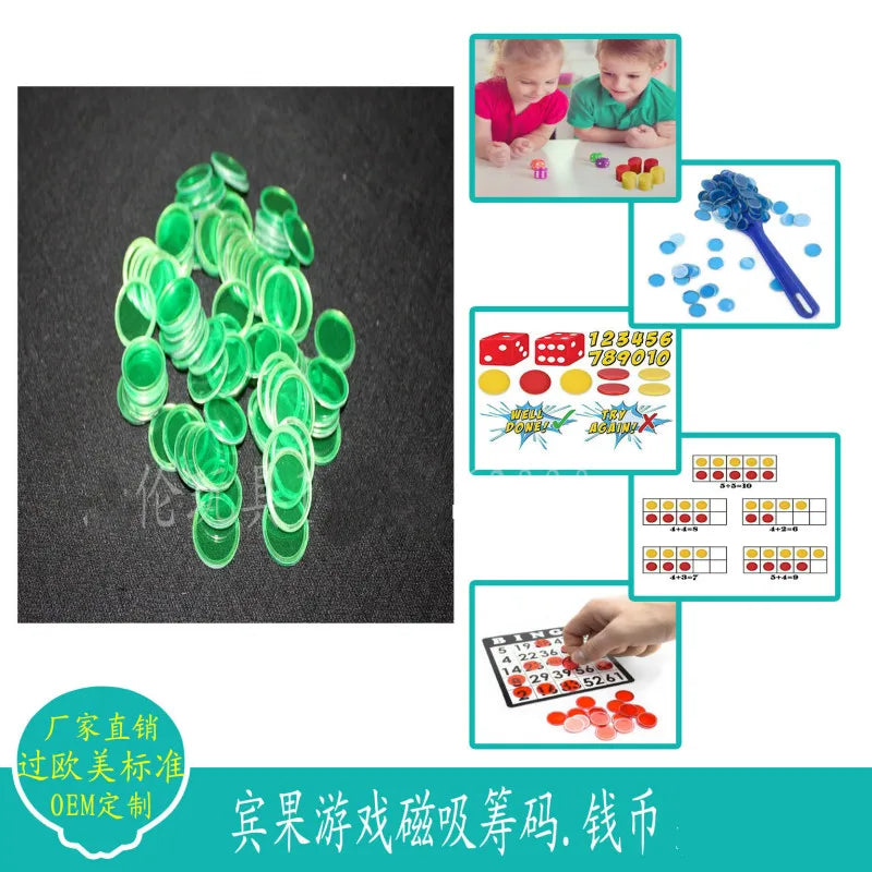 A collection of green magnetic bingo chips and game counters for various games.