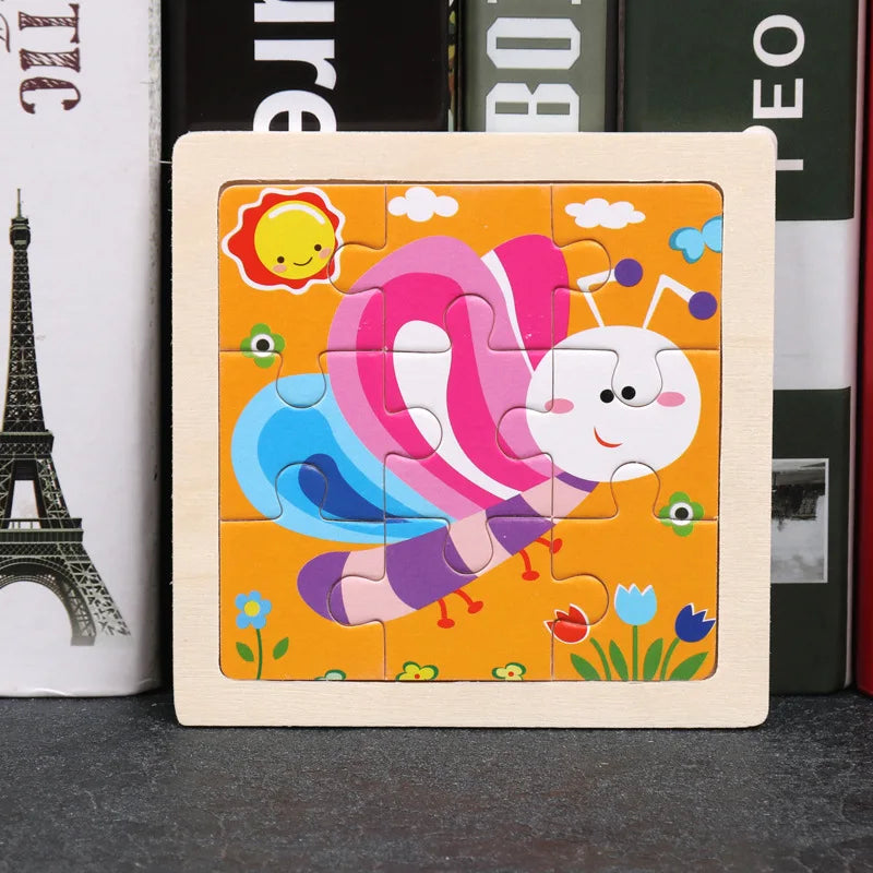 A wooden tangram puzzle featuring a pink and purple animal design on an orange background.