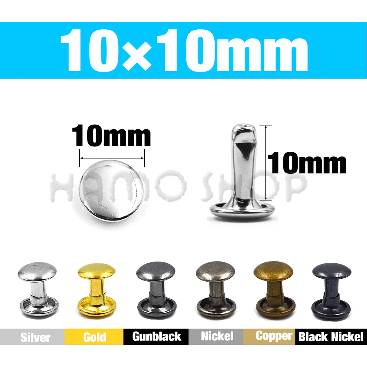 A set of 10x10mm metal double cap rivets in various finishes including silver, gold, gunblack, nickel, copper, and black nick