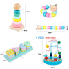 Wooden Montessori sensory blocks and music rattle set with various colored wooden rings and blocks