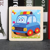 A wooden puzzle featuring a blue police car design with colorful accents and wheels.