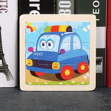 A wooden puzzle featuring a blue police car design with colorful accents and wheels.