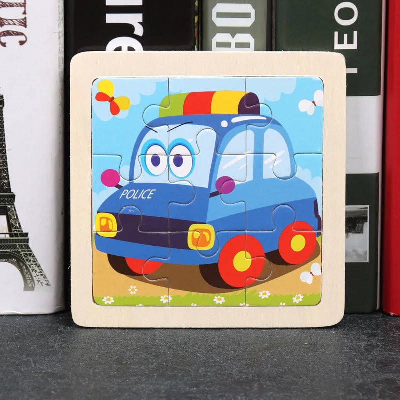 A wooden puzzle featuring a blue police car design with colorful accents and wheels.