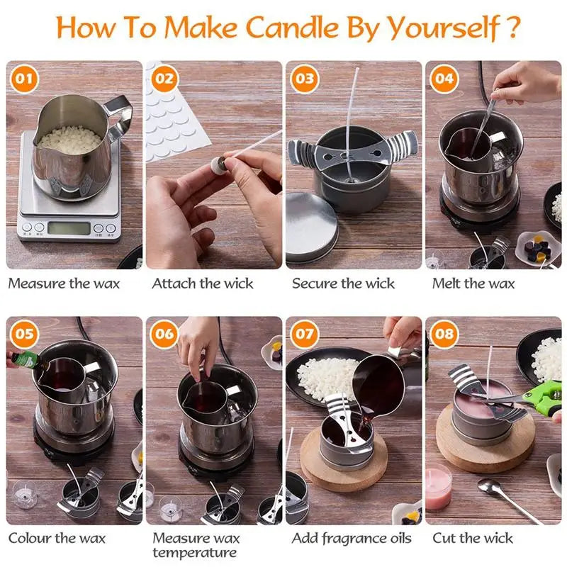 A step-by-step guide showing how to make a candle by yourself using various tools and ingredients.