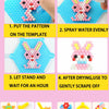Steps for making a magic water bead craft kit including pattern, spraying water, waiting, and scraping off.