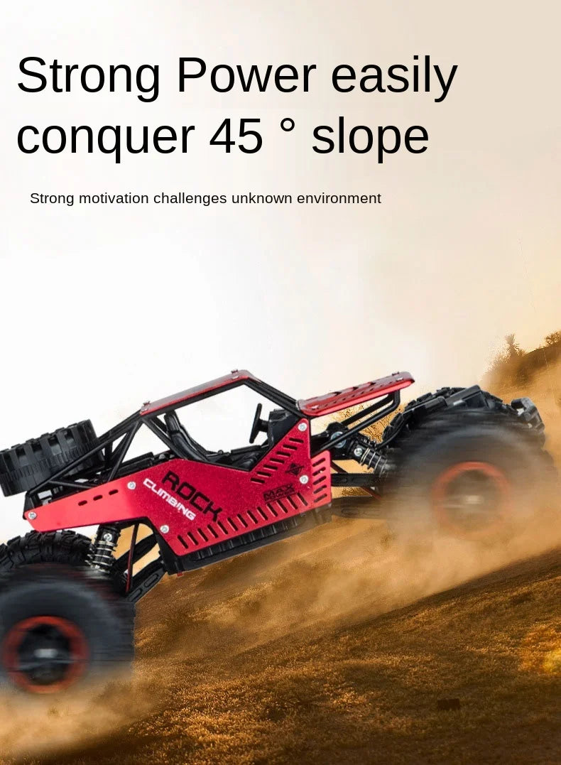A red 4WD remote control stunt car is driving down a dirt slope, kicking up dust.