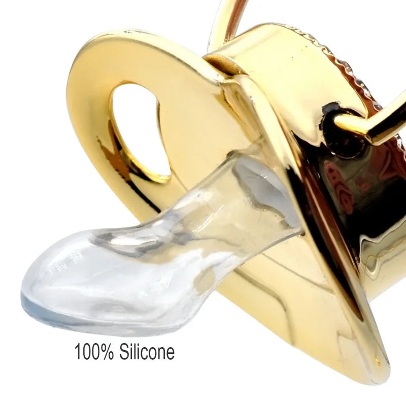 Gold colored silicone pacifier with a clip and rhinestone detail