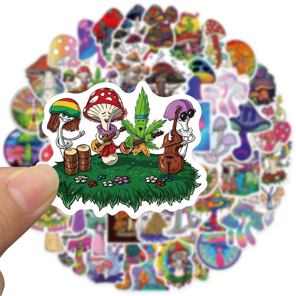 A sticker featuring a character with a mushroom head and a violin playing on a green patch of grass.