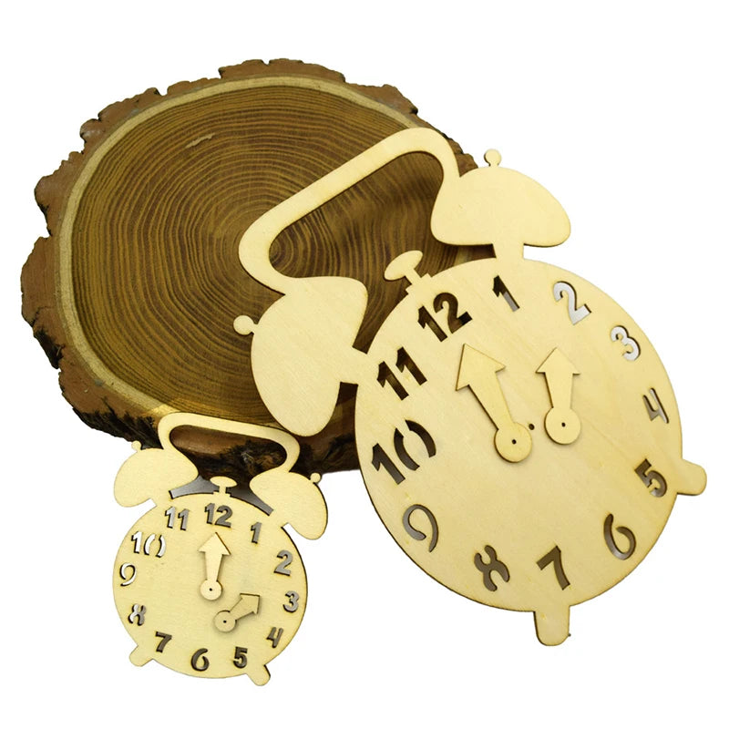 A wooden Montessori busy board featuring a clock and a wooden slice.